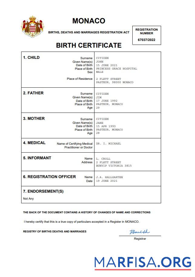 Printable Monaco vital record birth certificate Word and PDF template